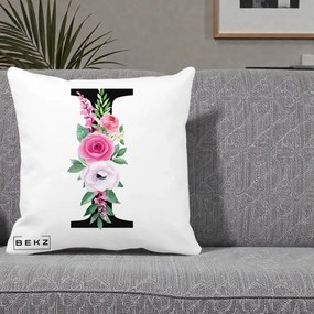 Cadou Personalizat - Perna Personalizata Monograma Florala Litera I, 40x40 cm, Alba Mata, Husa Detasabila, Perna Inclusa, BEKZ®