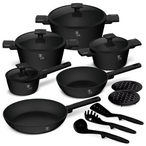 Set oale si tigai cu capace 15 Matte Black Piese Berlinger Haus BH 8198, negre, antiaderente, compatibile inductie