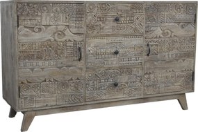 Bufet living în stil etnic, din lemn de mango, natur, cu 2 uși sculptate manual, 3 sertare și picioare înclinate, 91 x 150 x 45 cm, „Kheda”