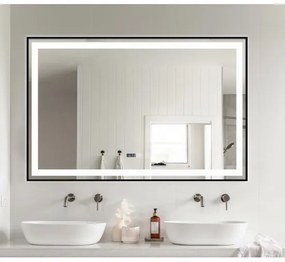 Oglindă Baie LED și Dezaburire Elit's Premium cu Senzor Touch, Lumina Rece, Caldă și Neutră, 100x65cm, cu rama Negru Antichizat, Ceas