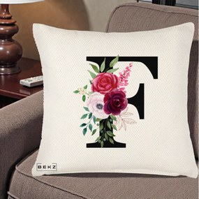 Cadou Personalizat - Perna Personalizata Monograma Florala Litera F, 40x40 cm, Crem Reliefat, Husa Detasabila, Perna Inclusa, BEKZ®