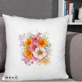 Perna Decorativa Buchet Cosmos Portocaliu Roz si Alb, 40x40 cm, Alb Pufos, Husa Detasabila, Perna Inclusa, BEKZ®