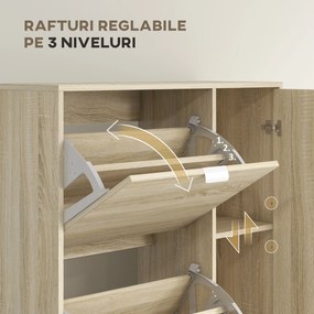 HOMCOM Etajeră pentru Pantofi cu Oglindă, 4 Sertare Rabatabile și 2 Dulapuri, 82x30x168 cm, Culoare Stejar | Aosom Romania