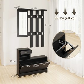 HOMCOM Dulap pentru Intrare Cuier cu Pantofar si Oglinda, Rafturi si Sertar, Dulap Cuier din PAL, 90x10x102 cm, Negru