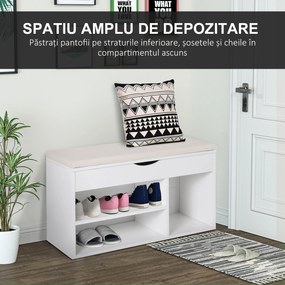 HOMCOM Bancă pentru Pantofi, soluție economisitoare de spațiu, cu șezut imblopat și capac rabatabil, pentru intrare, PAL, 80x30x47cm, Alb | Aosom Romania