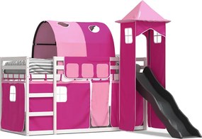 vidaXL Pat supraetajat cu tobogan și perdele, roz, 90x190 cm