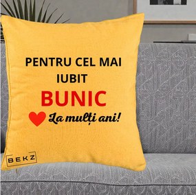 Cadou pentru Bunic - Perna Personalizata Pentru Cel Mai Iubit Bunic La Multi Ani Rosu, 40x40 cm, Galben, Husa Detasabila, Perna Inclusa, BEKZ®