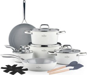 Set de oale si tigai Swiss Haus SH-CC4014CR, 14 piese, Acoperire ceramica Sapphire, Inductie, Cuptor pana la 220°C, Fara PFAS, Crem
