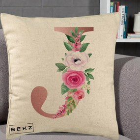 Cadou Personalizat - Perna Personalizata Monograma Rose Gold Litera J, 40x40 cm, Bej, Husa Detasabila, Perna Inclusa, BEKZ®