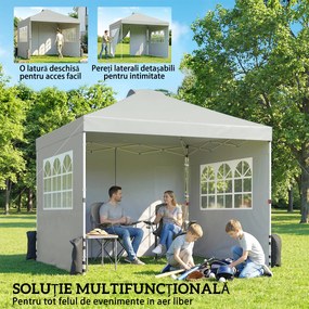 Outsunny Pavilion 3x3 m impermeabil reglabil pe înălțime pop-up pliant cu 3 pereți laterali ferestre ventilație, UV 50+ Gri deschis | Aosom Romania