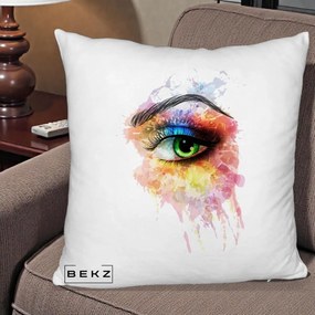 Perna Decorativa Ochi Verde Acuarela, 40x40 cm, Alb Pufos, Husa Detasabila, Perna Inclusa, BEKZ®
