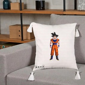 Perna Personalizata Dragon Ball Goku Complet in Gi Portocaliu, 40x40 cm, Bej cu Franjuri, Husa Detasabila, Perna Inclusa, BEKZ®