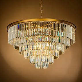 Candelabru rotund din metal, auriu, cu cristale din sticlă în cascadă și lanț reglabil, finisaj satinat, 67 x 112 cm, „Hilton”