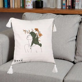 Perna Decorativa Portret Feminin Profil Flori Portocalii, 40x40 cm, Bej cu Franjuri, Husa Detasabila, Perna Inclusa, BEKZ®