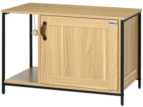 PawHut Casă Toaletă pentru Pisici, cu ușă de intrare laterală și minge suspendată, Oțel Negru și Lemn, 80 x 48 x 55 cm | Aosom Romania