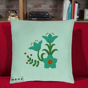 Perna Decorativa Flori Stilizate Folk Turcoaz, 40x40 cm, Verde Menta, Husa Detasabila, Perna Inclusa, BEKZ®