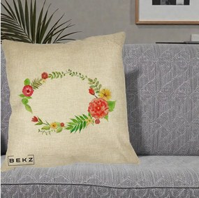 Perna Decorativa Coroana Florala Acuarela, 40x40 cm, Crem, Husa Detasabila, Perna Inclusa, BEKZ®