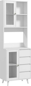 HOMCOM Servantă Înaltă de Bucătărie cu Uși din Sticlă, 2 Rafturi Deschise, 4 Sertare, Rafturi Reglabile, 60x35x180 cm, Alb | Aosom Romania