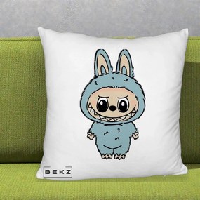 Perna Personalizata Labubu Albastru-Gri Solo, 40x40 cm, Alb Pufos, Husa Detasabila, Perna Inclusa, BEKZ®