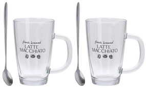 Set de cafea pentru 2 persoane, 2 pahare cu maner si 2 lingurite