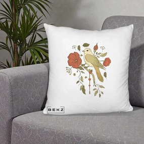 Perna Decorativa Pasare pe Ramura cu Maci, 40x40 cm, Alb Pufos, Husa Detasabila, Perna Inclusa, BEKZ®