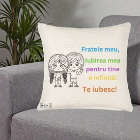 Cadou pentru Frate - Perna Personalizata Fratele Meu Te Iubesc Copii Anime Colorat, 40x40 cm, Crem Reliefat, Husa Detasabila, Perna Inclusa, BEKZ®