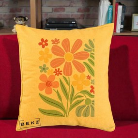 Perna Decorativa Flori Grafice Roz Pastel, 40x40 cm, Galben, Husa Detasabila, Perna Inclusa, BEKZ®