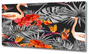 Tablou sticlă Flamingos și flori