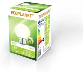 Bec LED Ecoplanet glob mic alb G45, E27, 1W (10W), 80 LM, G, lumina neutra 4000K, Mat Lumina neutra - 4000K, 1 buc