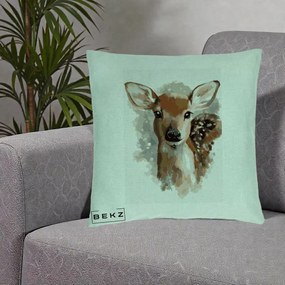 Perna Decorativa Caprioara Pui Acuarela, 40x40 cm, Verde Menta, Husa Detasabila, Perna Inclusa, BEKZ®