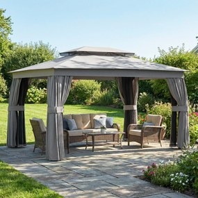 Outsunny Pavilion de Grădină 3,8x3 m cu Perdele, Plasă de Țânțari, Cârlige, Pavilion de Exterior cu Acoperiș Dublu, Orificii de Drenaj, Structură Metalică, pentru Grădină, Terasă, Petreceri, UV30+, Gri Închis | Aosom Romania