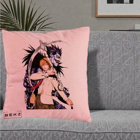 Perna Personalizata Death Note Light si Ryuk Duo, 40x40 cm, Roz, Husa Detasabila, Perna Inclusa, BEKZ®