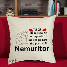 Cadou pentru Tata - Perna Personalizata Tata Nemuritor Baietel, 40x40 cm, Ecru, Husa Detasabila, Perna Inclusa, BEKZ®