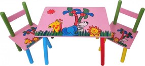 Masuta copii din MDF cu doua scaune Novokids™ My first table, dimensiuni 59X39X40, Suprafata lucioasa, Roz cu Animalute