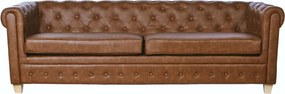 Canapea Chesterfield 3 locuri din piele ecologică maro, cu nasturi pe bază și picioare din lemn masiv, 70 x 218 x 78 cm, „Provence”