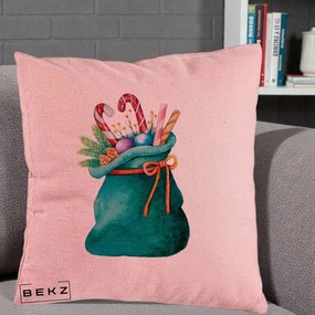 Perna Decorativa Saculet Cadouri Mos Craciun Acuarela Verde, 40x40 cm, Roz, Husa Detasabila, Perna Inclusa, BEKZ®