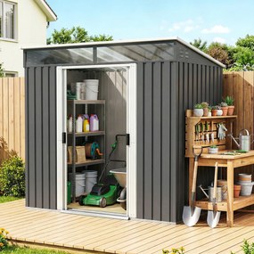 Outsunny Magazie 6,5 x 4 FT din metal galvanizat cu fundatie pentru gradina, Depozit cu incuietoare pentru unelte, Gri