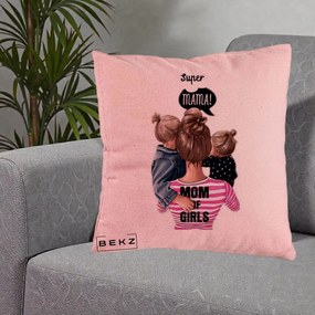 Cadou pentru Mama - Perna Personalizata Super Mama Mom of Girls, 40x40 cm, Roz, Husa Detasabila, Perna Inclusa, BEKZ®