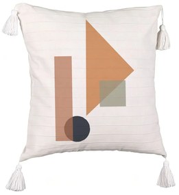 Perna Decorativa cu Franjuri, Model Forme Geometrice 1, Multicolor, 45x45 cm, Ecru, Cu fermoar
