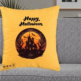 Perna Decorativa Happy Halloween Casa Bantuita Violet, 40x40 cm, Galben, Husa Detasabila, Perna Inclusa, BEKZ®