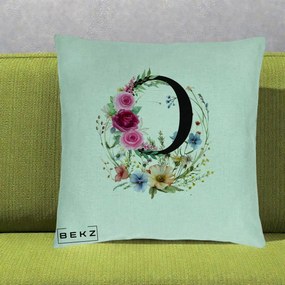 Cadou Personalizat - Perna Personalizata Monogram Litera O cu Flori Acuarela, 40x40 cm, Verde Menta, Husa Detasabila, Perna Inclusa, BEKZ®
