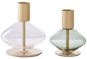 Suport lumânare, sticlă/metal, transparent/verde 2 buc