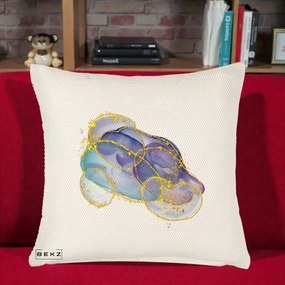 Perna Decorativa Abstract Acuarela Albastru-Mov cu Cercuri Aurii, 40x40 cm, Crem Reliefat, Husa Detasabila, Perna Inclusa, BEKZ®