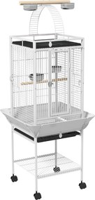PawHut Colivie pentru păsări, volieră pe roți cu suport, tavă glisantă, bară de lemn pentru odihnă, 62,5x62,5x156cm, alb | Aosom Romania