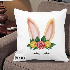 Perna Decorativa Iepuras Flori Urechi Pastelui, 40x40 cm, Alba Mata, Husa Detasabila, Perna Inclusa, BEKZ®