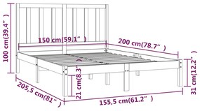 Cadru pat 5FT King Size, negru, 150x200 cm, lemn masiv de pin Negru, 150 x 200 cm