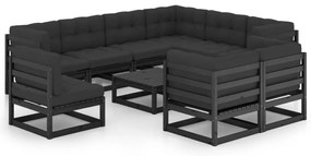 vidaXL Set mobilier grădină cu perne, 10 piese, negru, lemn masiv pin