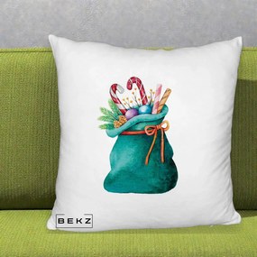 Perna Decorativa Saculet Cadouri Mos Craciun Acuarela Verde, 40x40 cm, Alb Pufos, Husa Detasabila, Perna Inclusa, BEKZ®