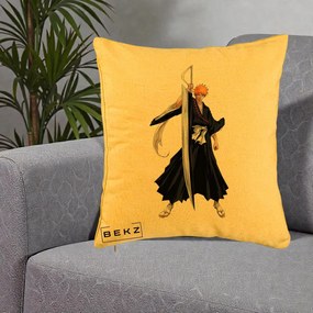 Perna Personalizata Bleach Ichigo Kurosaki Zangetsu, 40x40 cm, Galben, Husa Detasabila, Perna Inclusa, BEKZ®