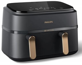 Friteuza cu aer cald dubla Philips NA352/00, 2750 W, 6+3 L, 80-200°C, 1,5 kg, 8 programe, Ecran tactil, Copiere si sincronizare, Negru